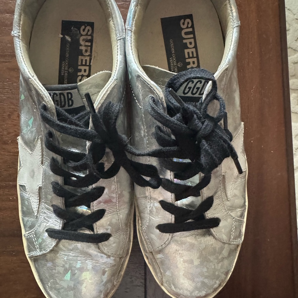 Golden Goose Silver Holographic Superstar Sneakers with Black Laces